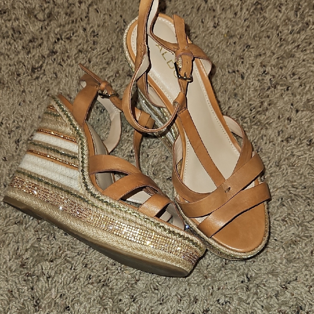 Aldo Tan and Gold Wedge Sandals with Espadrille Sole